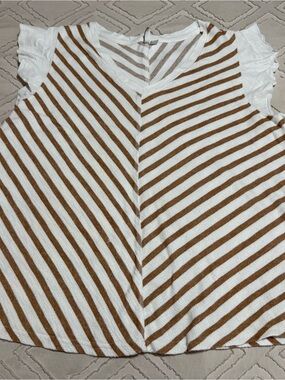 Cato White and Brown Striped V‑Neck Tunic with Ruffle Sleeves